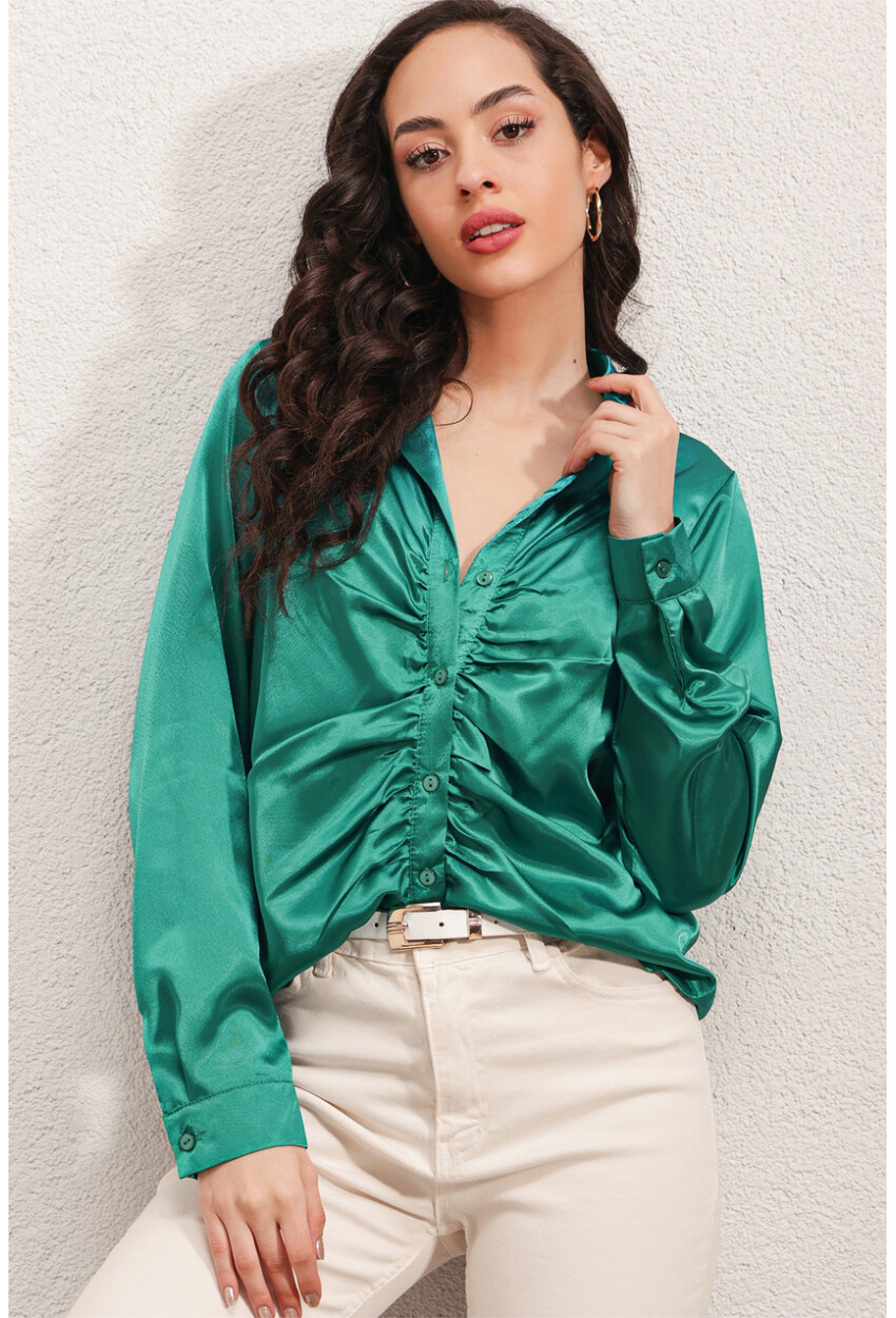 20112 Satin Shirt With Ruched Detail