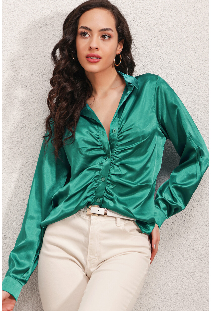 20112 Satin Shirt With Ruched Detail