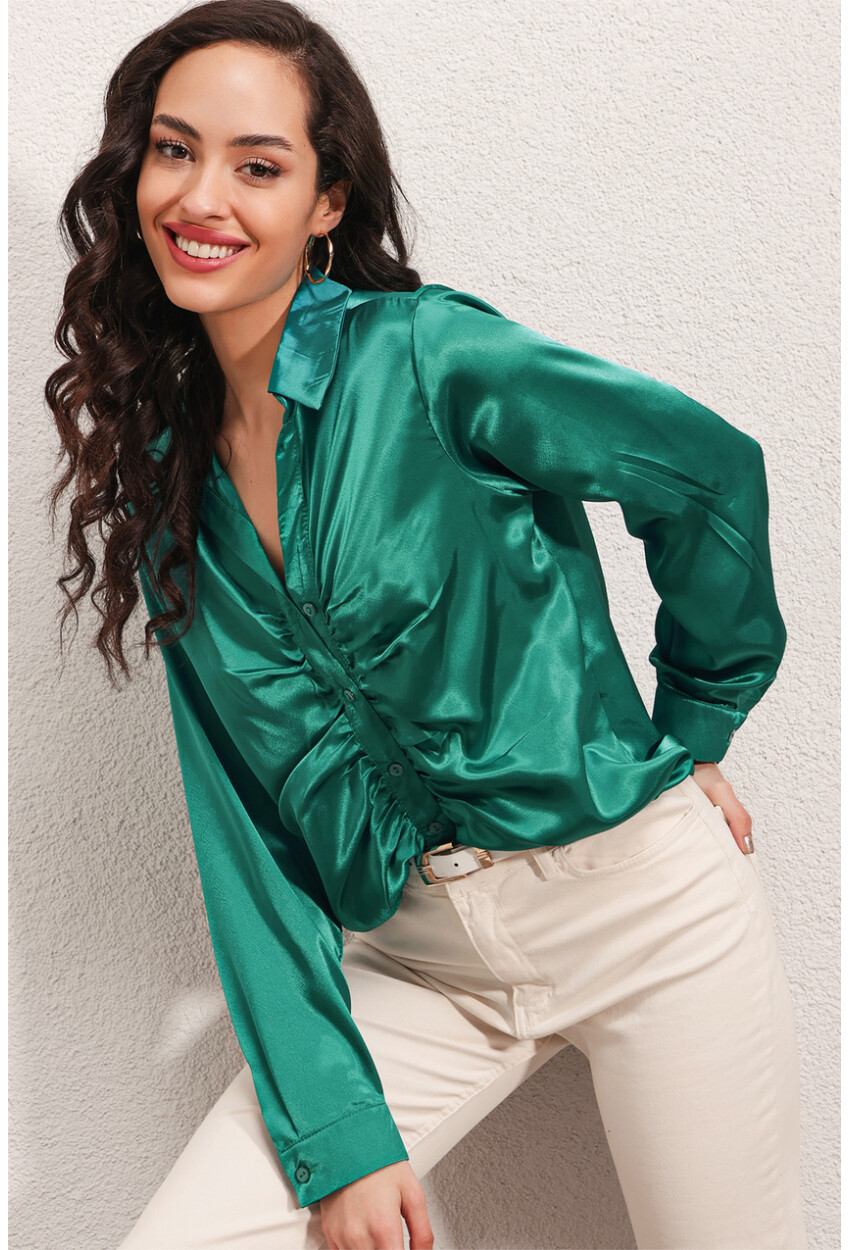 20112 Satin Shirt With Ruched Detail