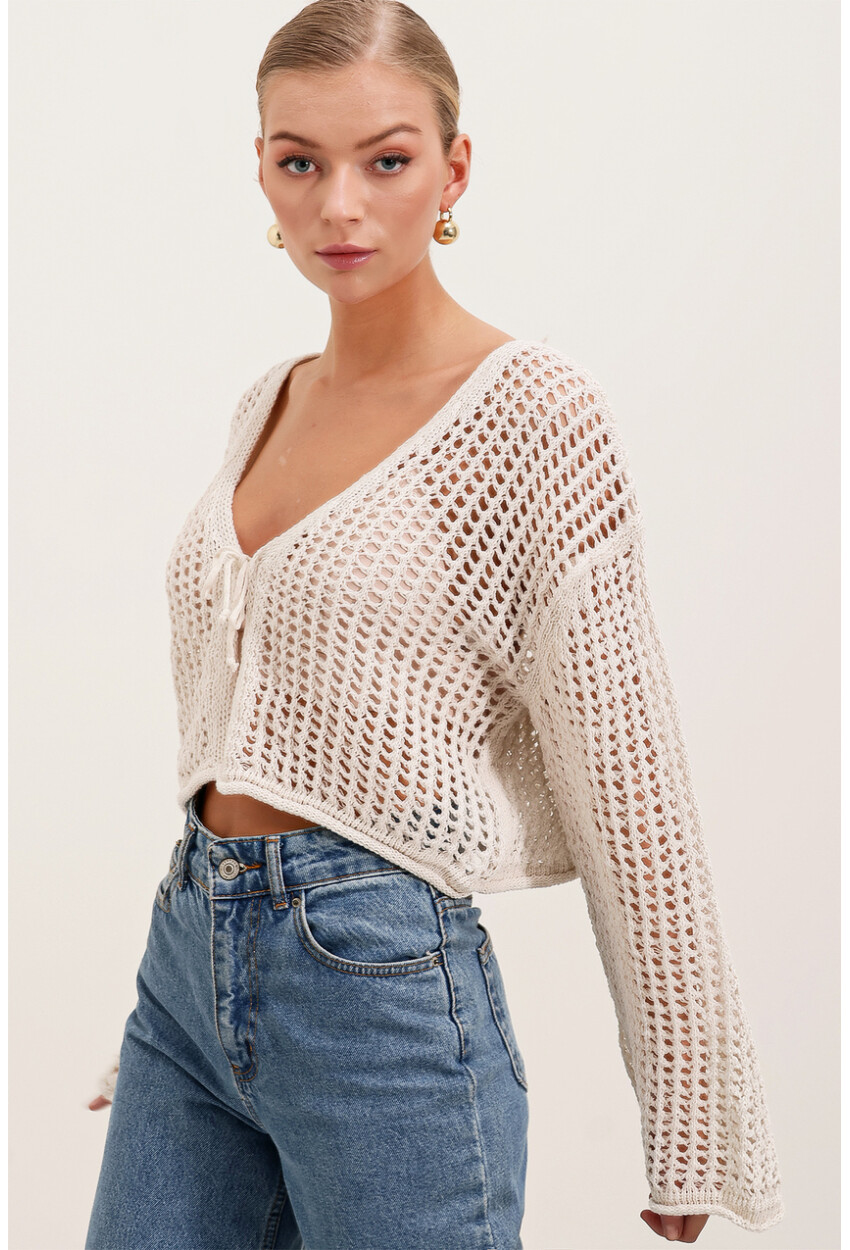 15852 Ajurlu/Delikli Oversize Crop Hırka