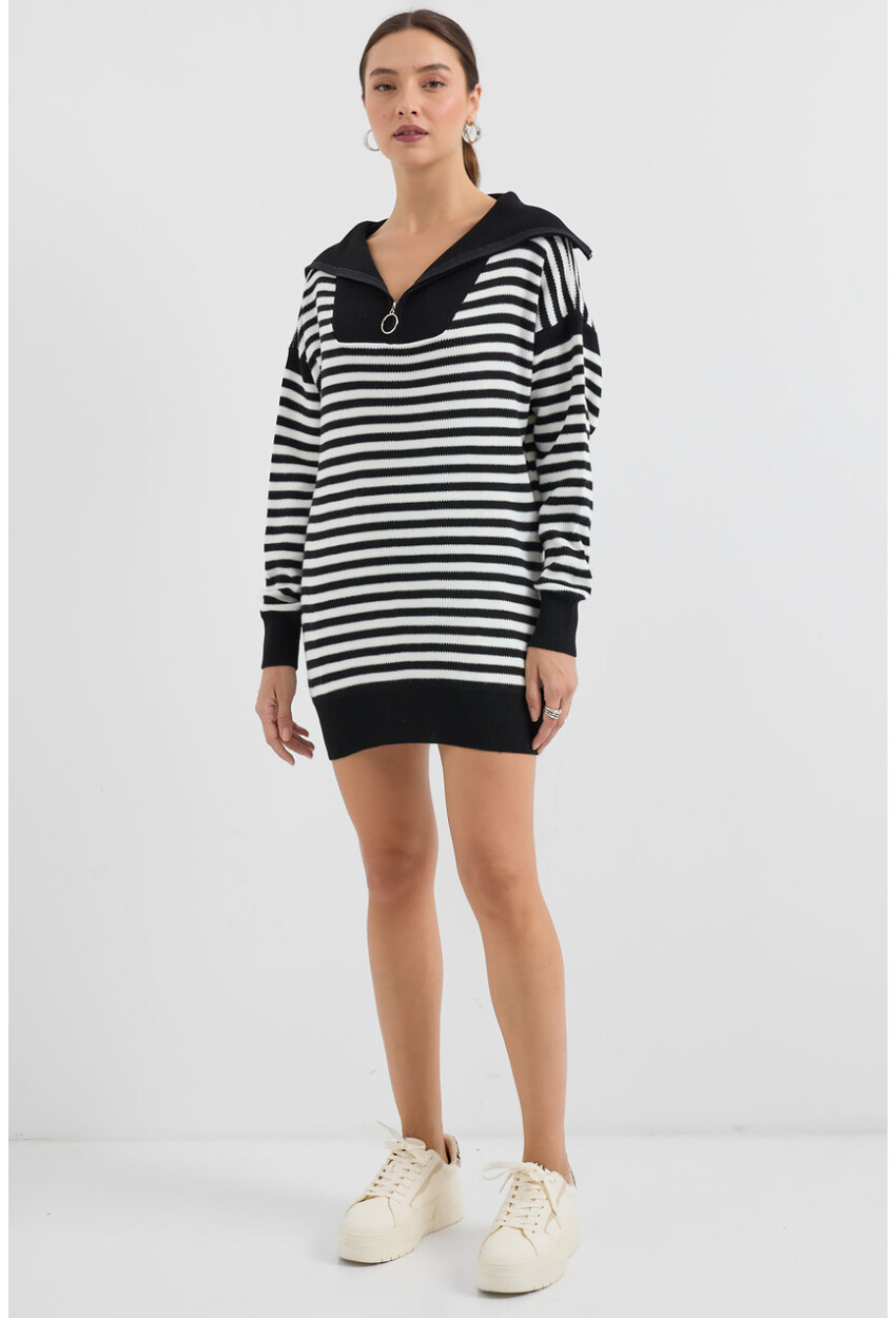 15886 Polo Collar Striped Long Knit Sweater