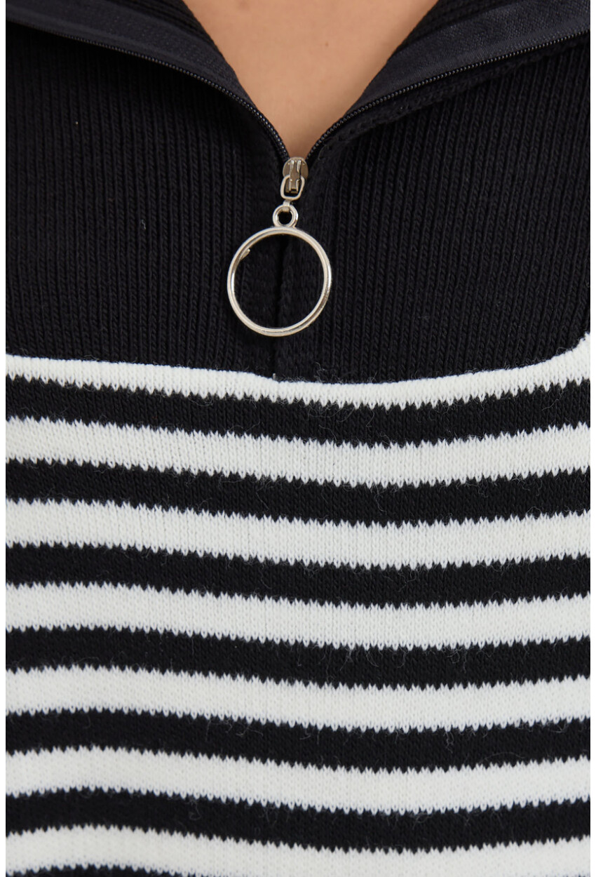 15886 Polo Collar Striped Long Knit Sweater