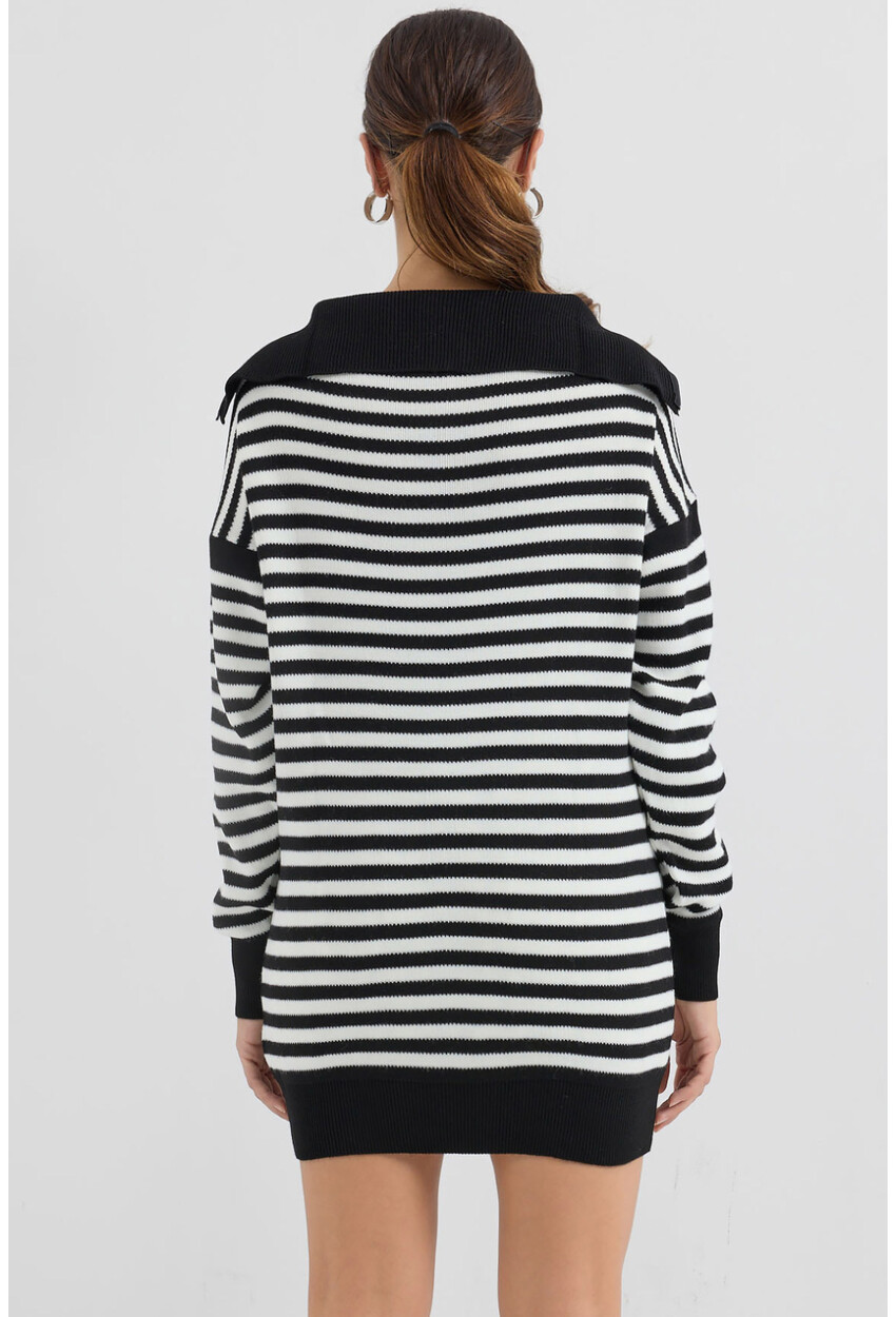 15886 Polo Collar Striped Long Knit Sweater