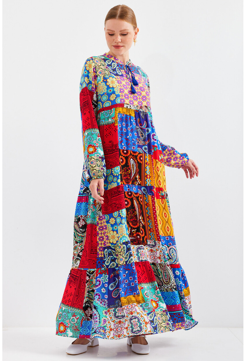 1627 Hijab Dress With Lace-Up Collar