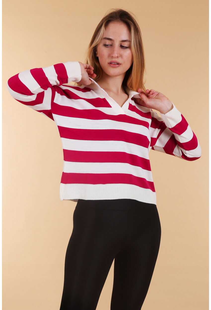 15777 Polo Collar Striped Sweater