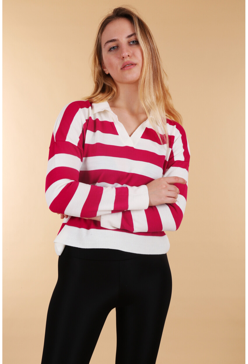 15777 Polo Collar Striped Sweater