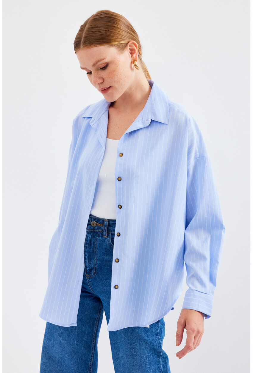 20208 Striped Oversized Long Basic Shirt