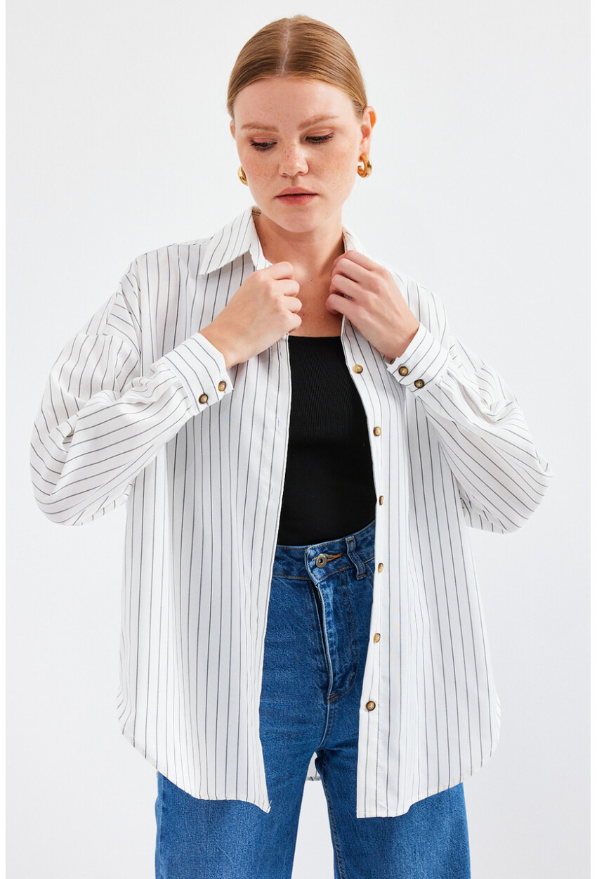 20208 Striped Oversized Long Basic Shirt