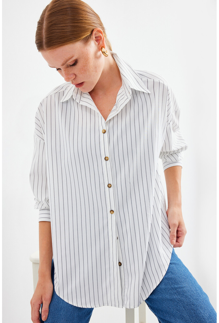 20208 Striped Oversized Long Basic Shirt