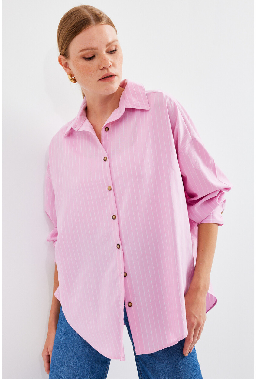 20208 Striped Oversized Long Basic Shirt