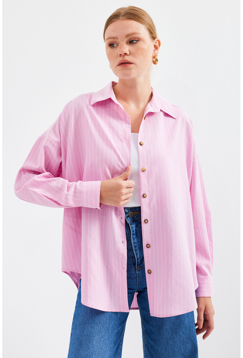 20208 Striped Oversized Long Basic Shirt