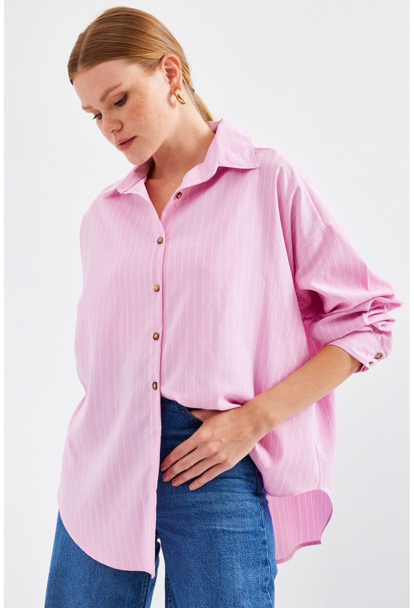 20208 Striped Oversized Long Basic Shirt