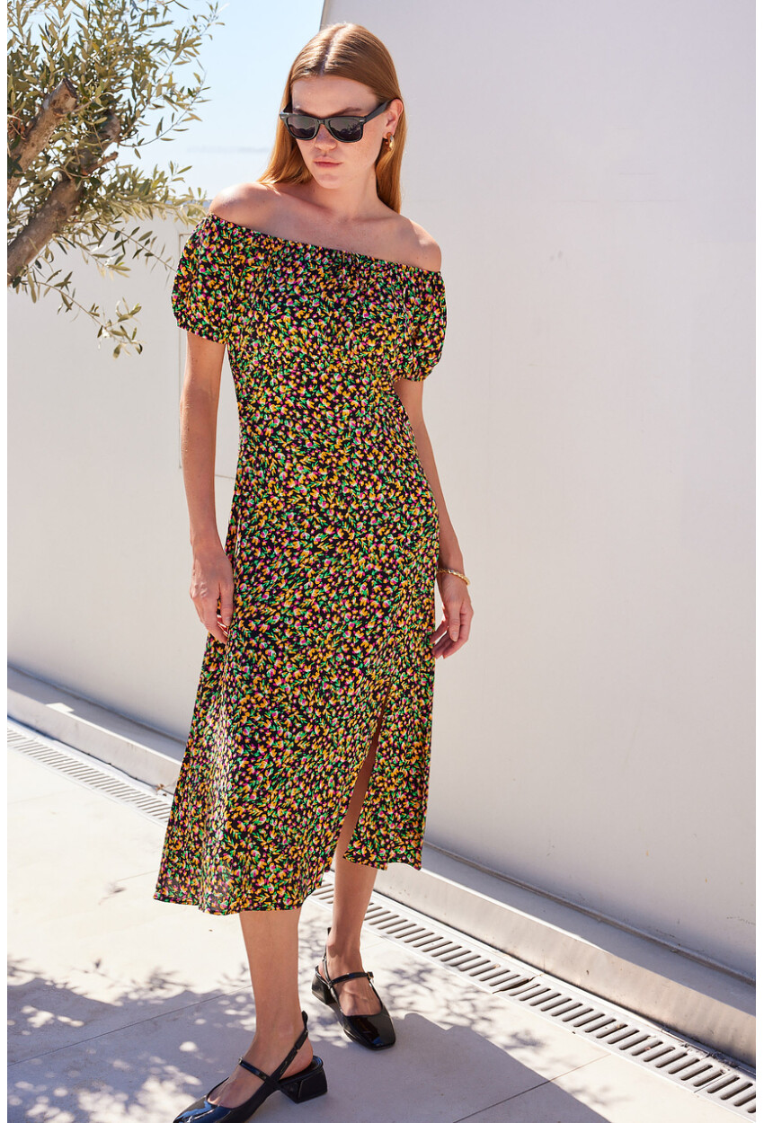 2427 Floral Viscose Dress With Side-Slit