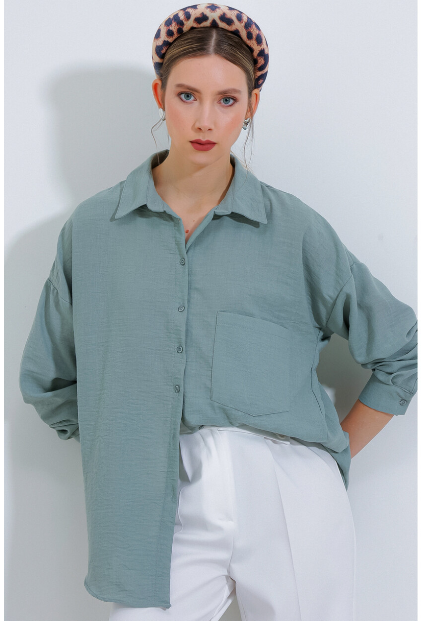 20153 Oversized Linen Shirt With Single Pocket