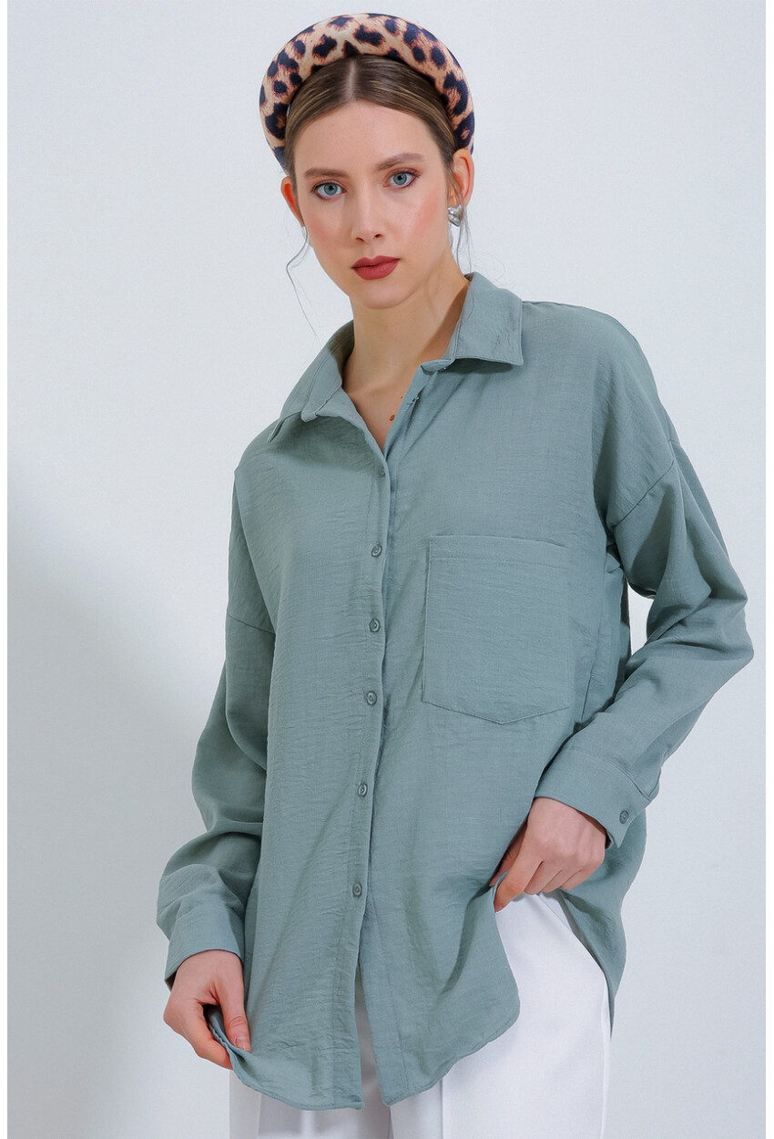 20153 Oversized Linen Shirt With Single Pocket