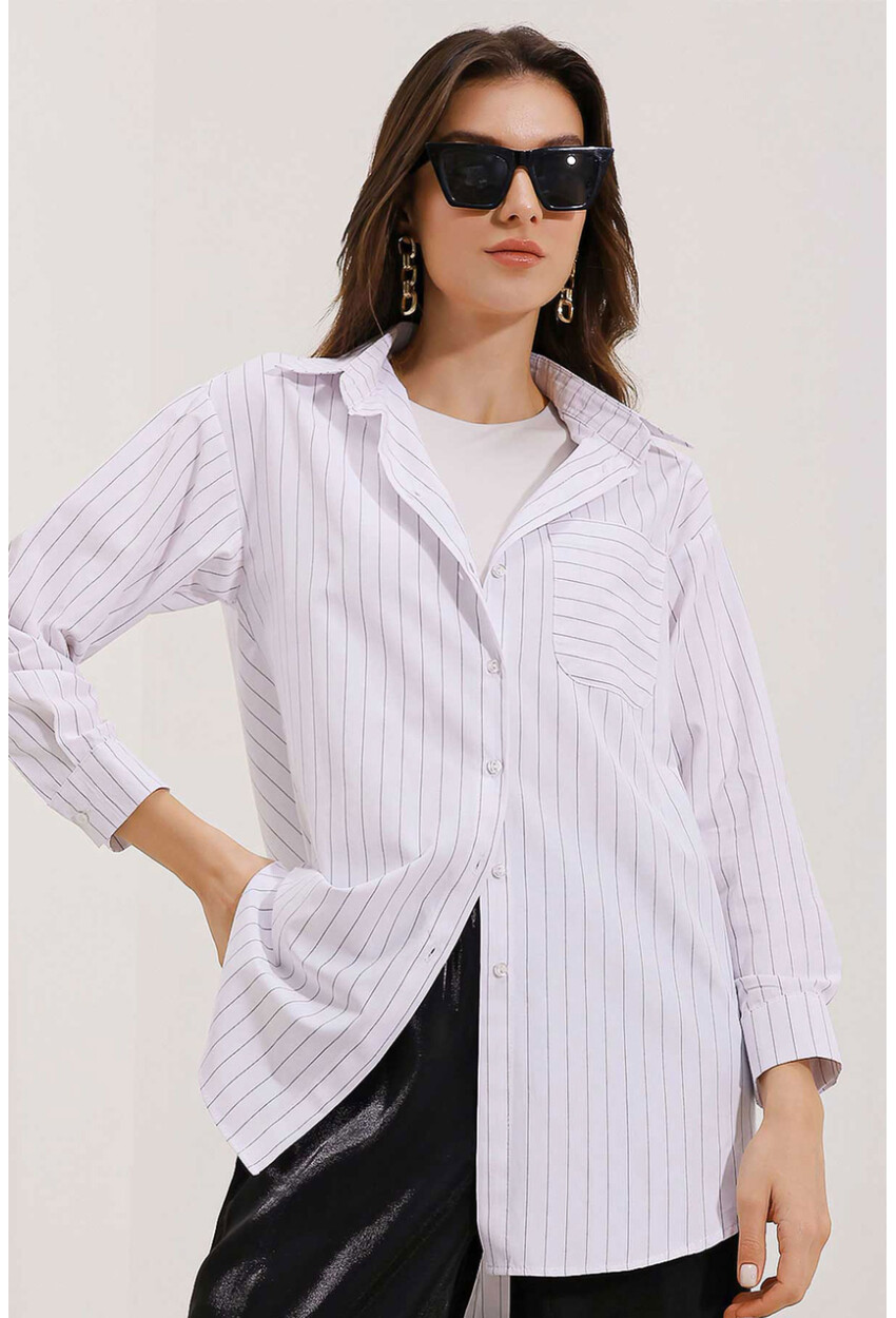 20217 Striped Oversized Shirt With Pocket Detail