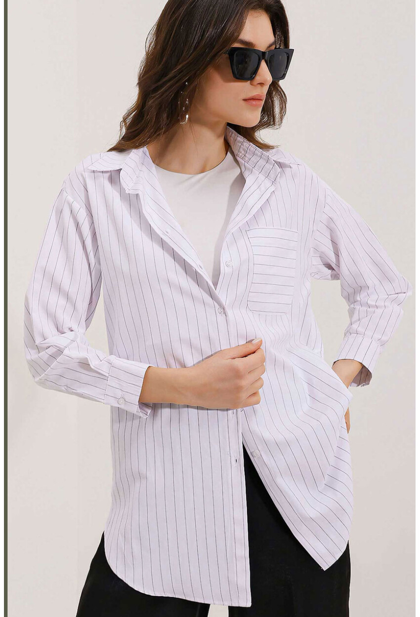 20217 Striped Oversized Shirt With Pocket Detail