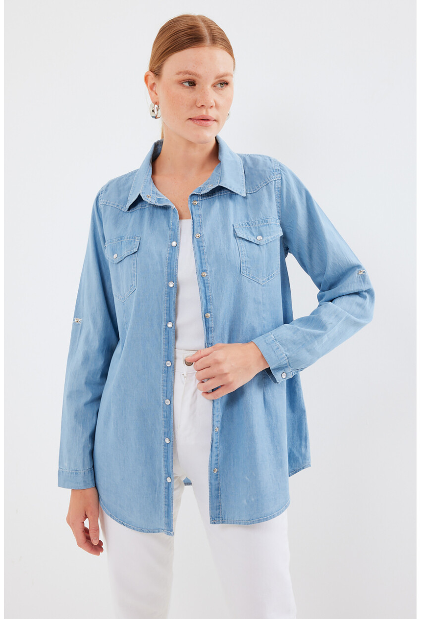 3411 Snap-Button Double Pocket Denim Shirt