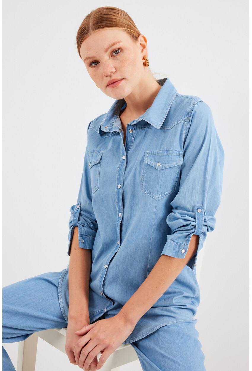 3411 Snap-Button Double Pocket Denim Shirt