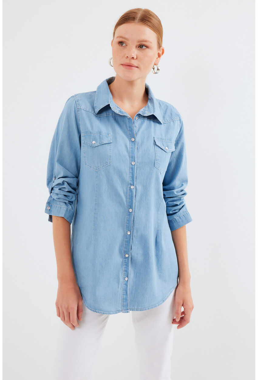 3411 Snap-Button Double Pocket Denim Shirt