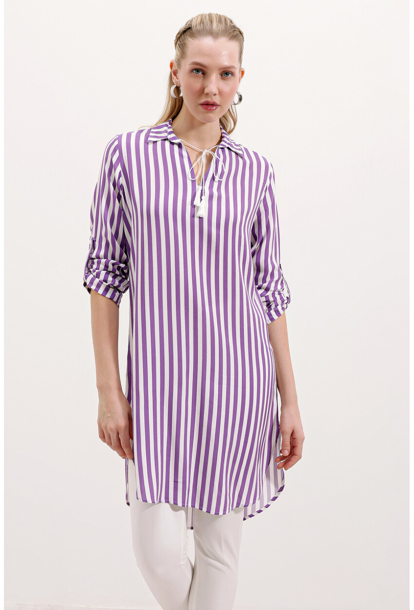 5613 Striped Tunic With Tie Collar