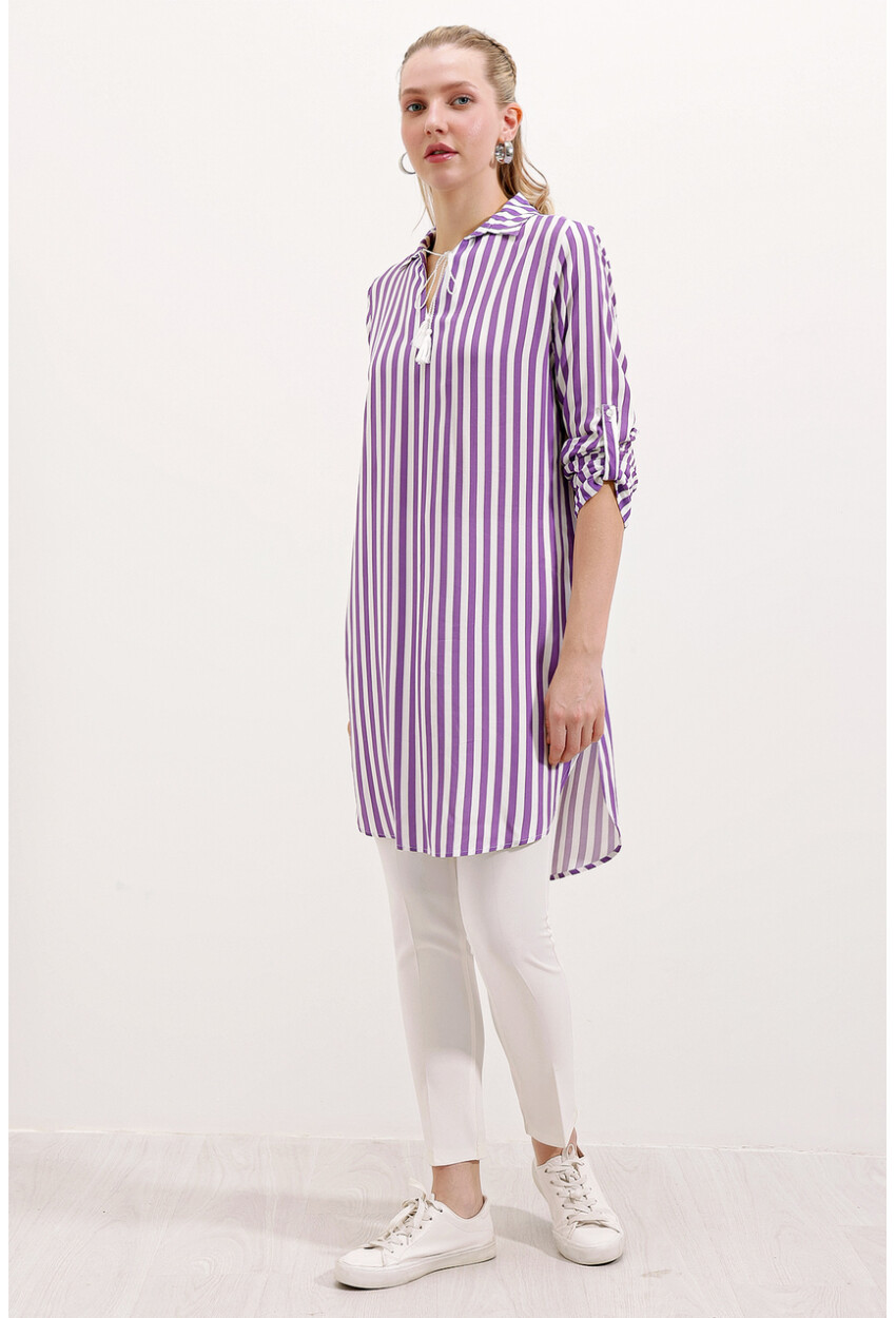 5613 Striped Tunic With Tie Collar