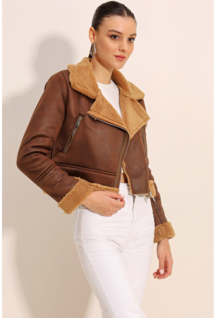 5155 Double-Breasted Faux Fur-Trimmed Leather Jacket