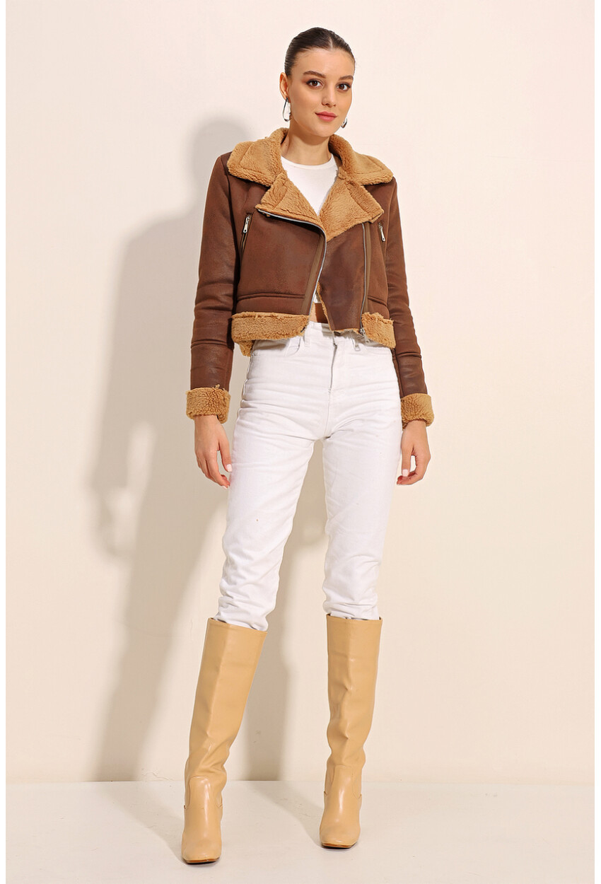 5155 Double-Breasted Faux Fur-Trimmed Leather Jacket