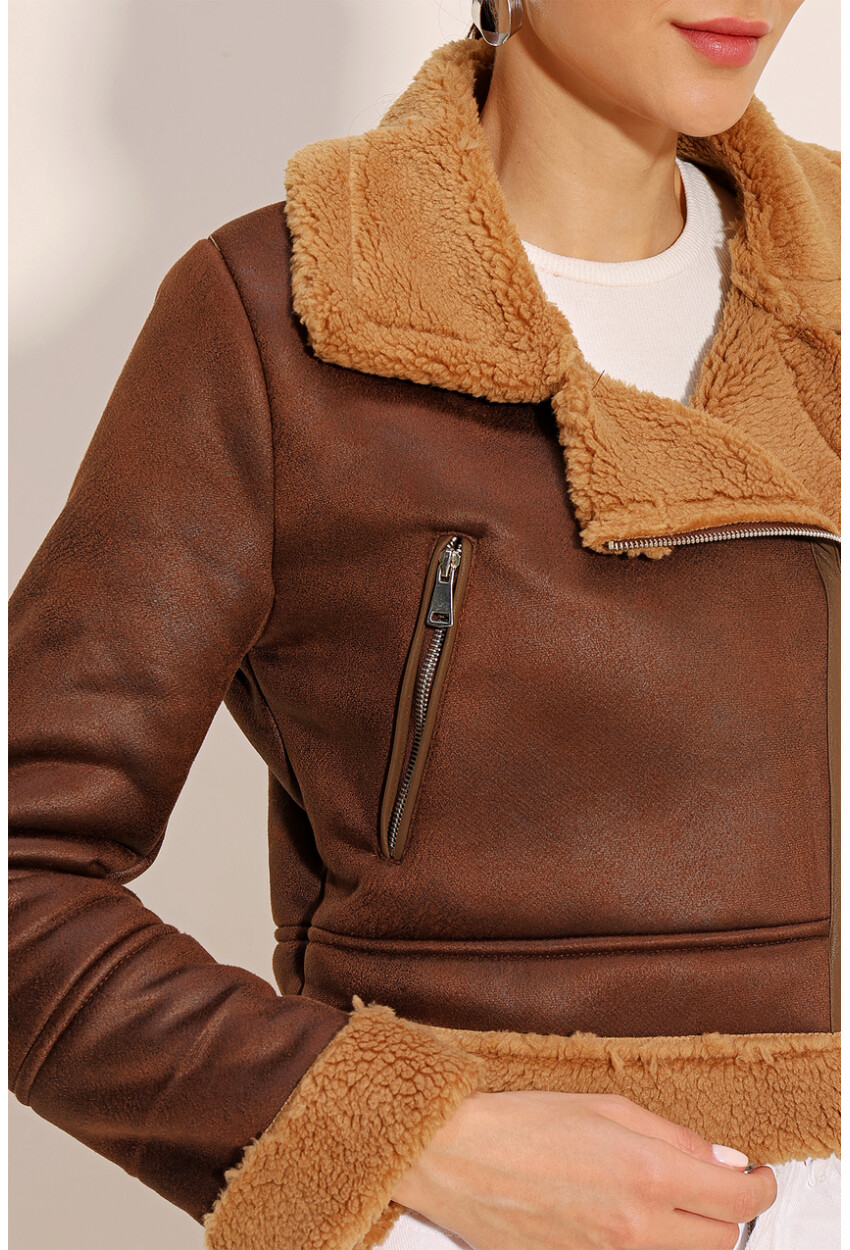 5155 Double-Breasted Faux Fur-Trimmed Leather Jacket