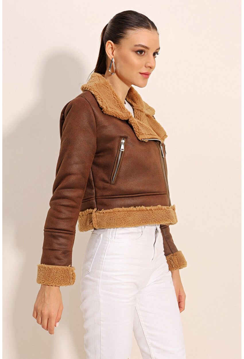 5155 Double-Breasted Faux Fur-Trimmed Leather Jacket