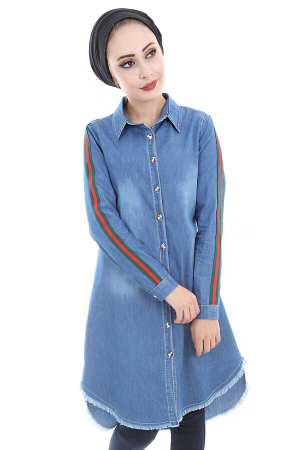5632 Şeritli Püsküllü Jeans Tunik