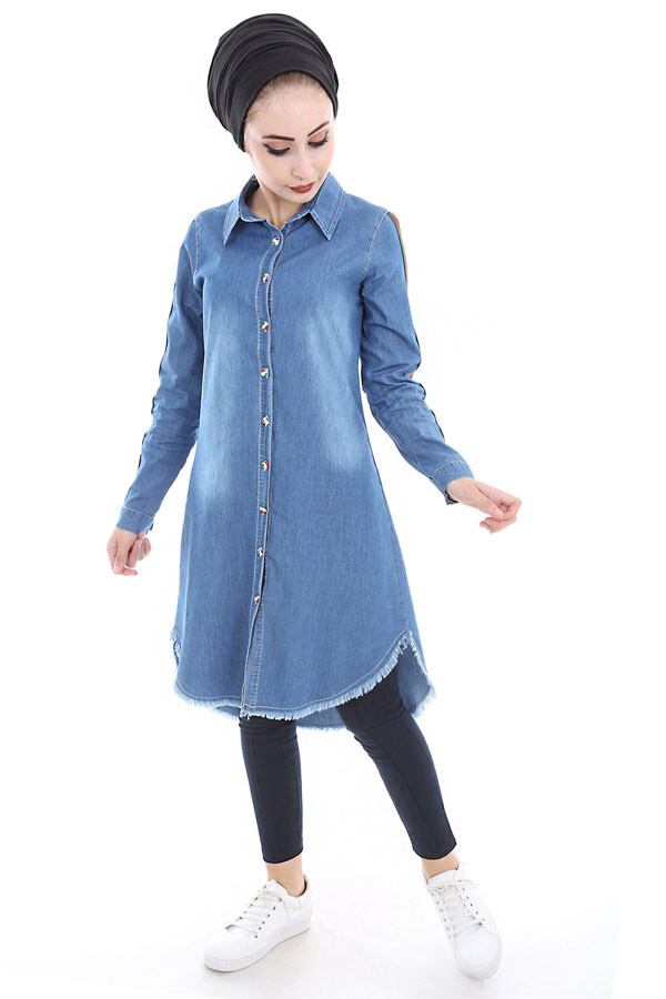 5632 Şeritli Püsküllü Jeans Tunik