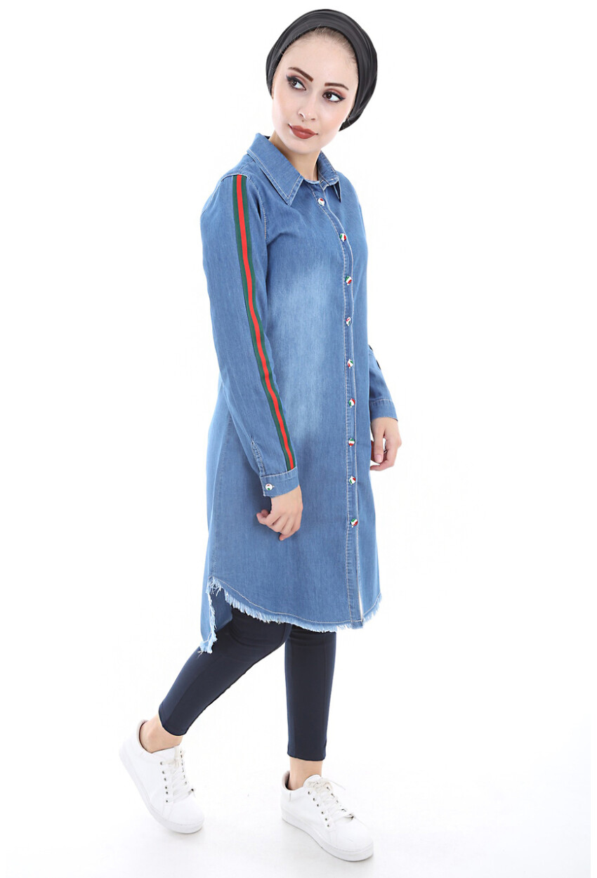5632 Şeritli Püsküllü Jeans Tunik