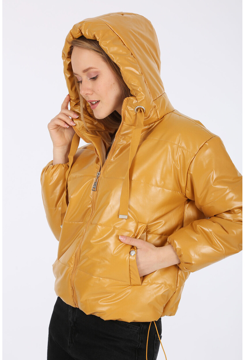 5128 Oversize Deri Görünümlü Şişme Mont