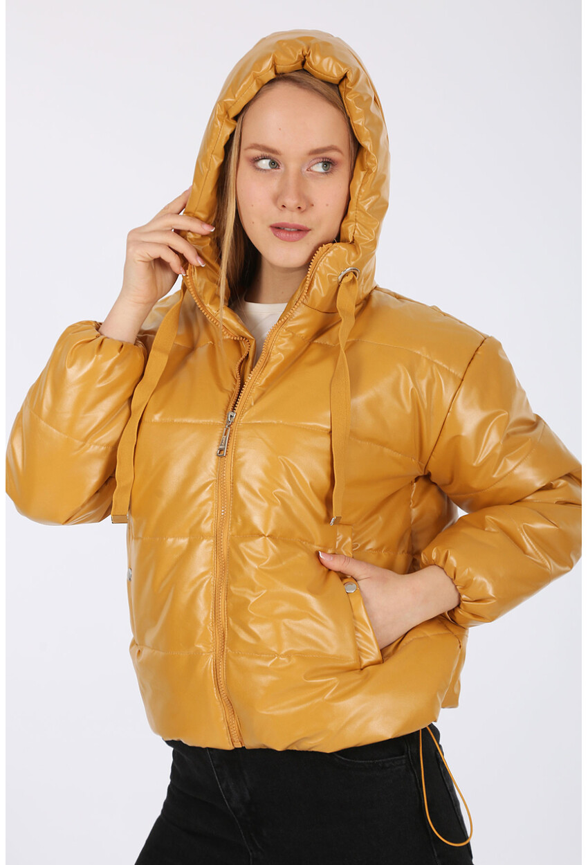 5128 Oversize Deri Görünümlü Şişme Mont