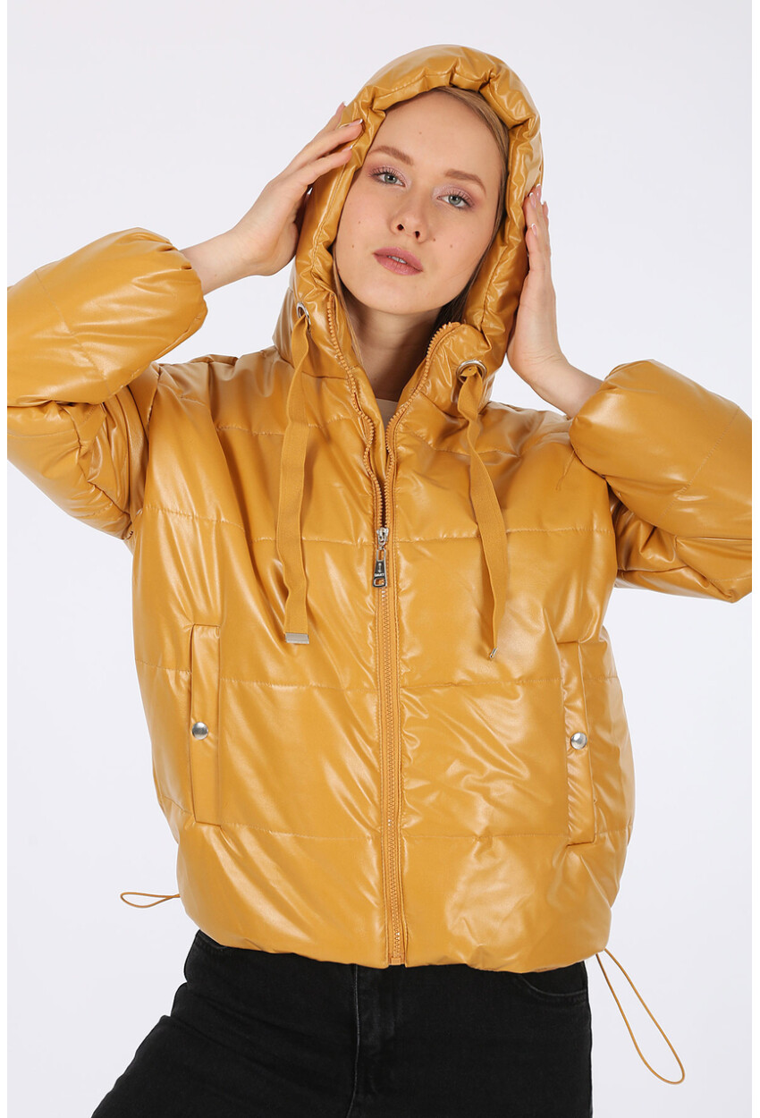 5128 Oversize Deri Görünümlü Şişme Mont