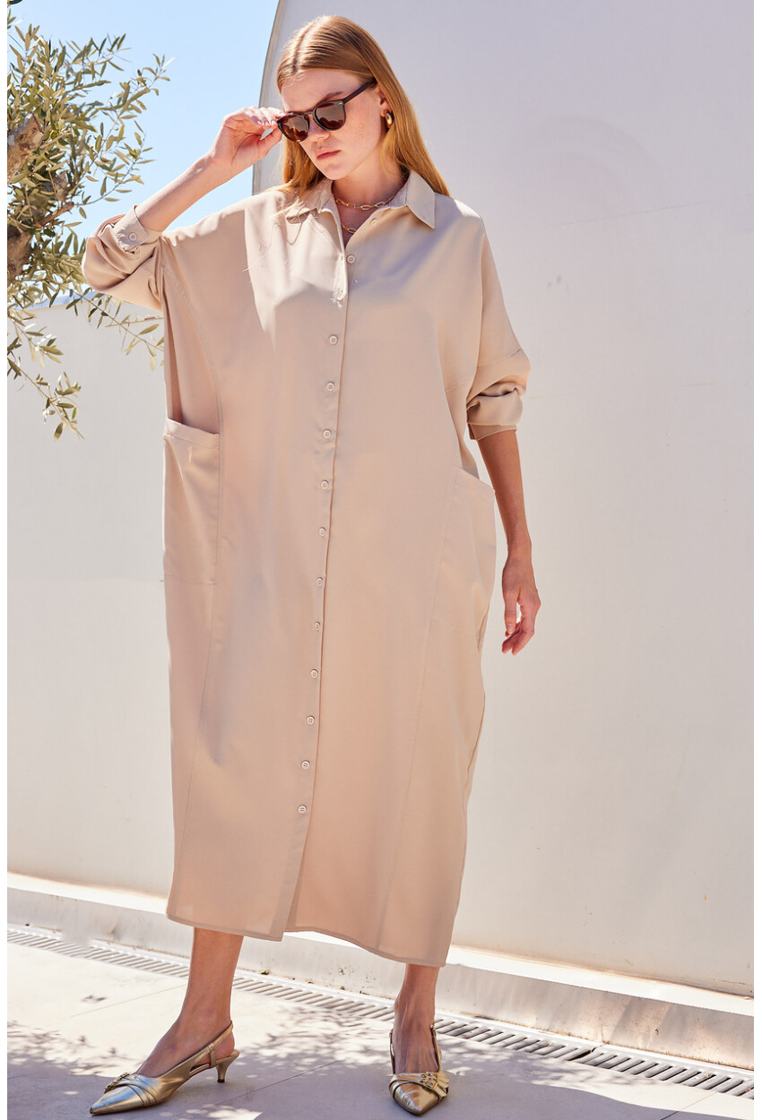 2486 Buttoned Oversized Long Shirt Dress