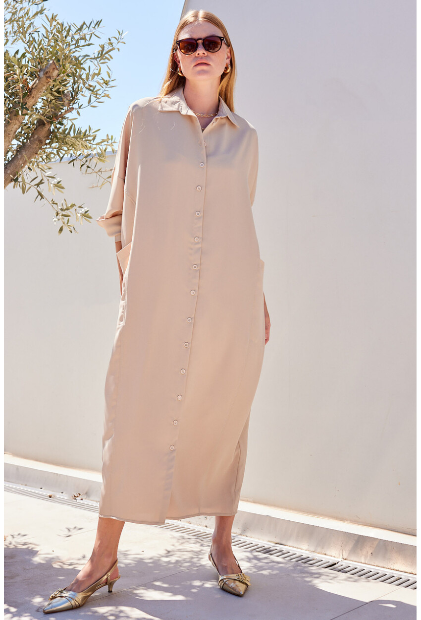 2486 Buttoned Oversized Long Shirt Dress