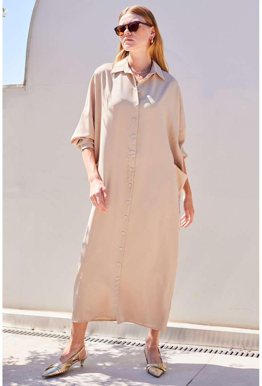 2486 Buttoned Oversized Long Shirt Dress