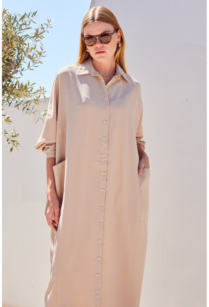2486 Buttoned Oversized Long Shirt Dress