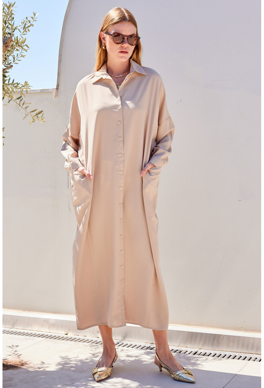 2486 Buttoned Oversized Long Shirt Dress