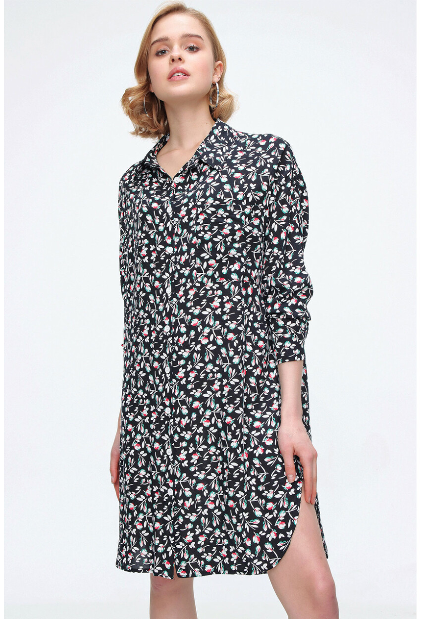 5813 Çiçek Desenli Tek Cepli Oversize Tunik