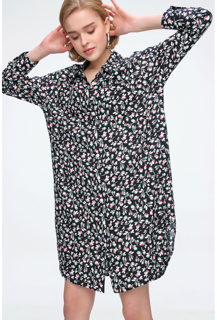 5813 Çiçek Desenli Tek Cepli Oversize Tunik