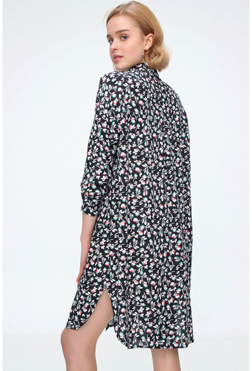 5813 Çiçek Desenli Tek Cepli Oversize Tunik