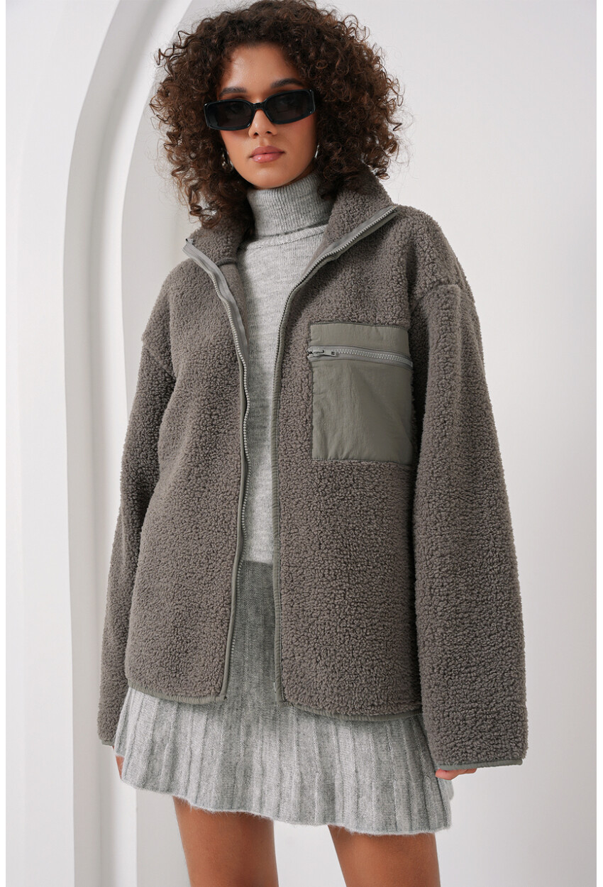 55446 Fermuarlı Oversize Peluş Ceket