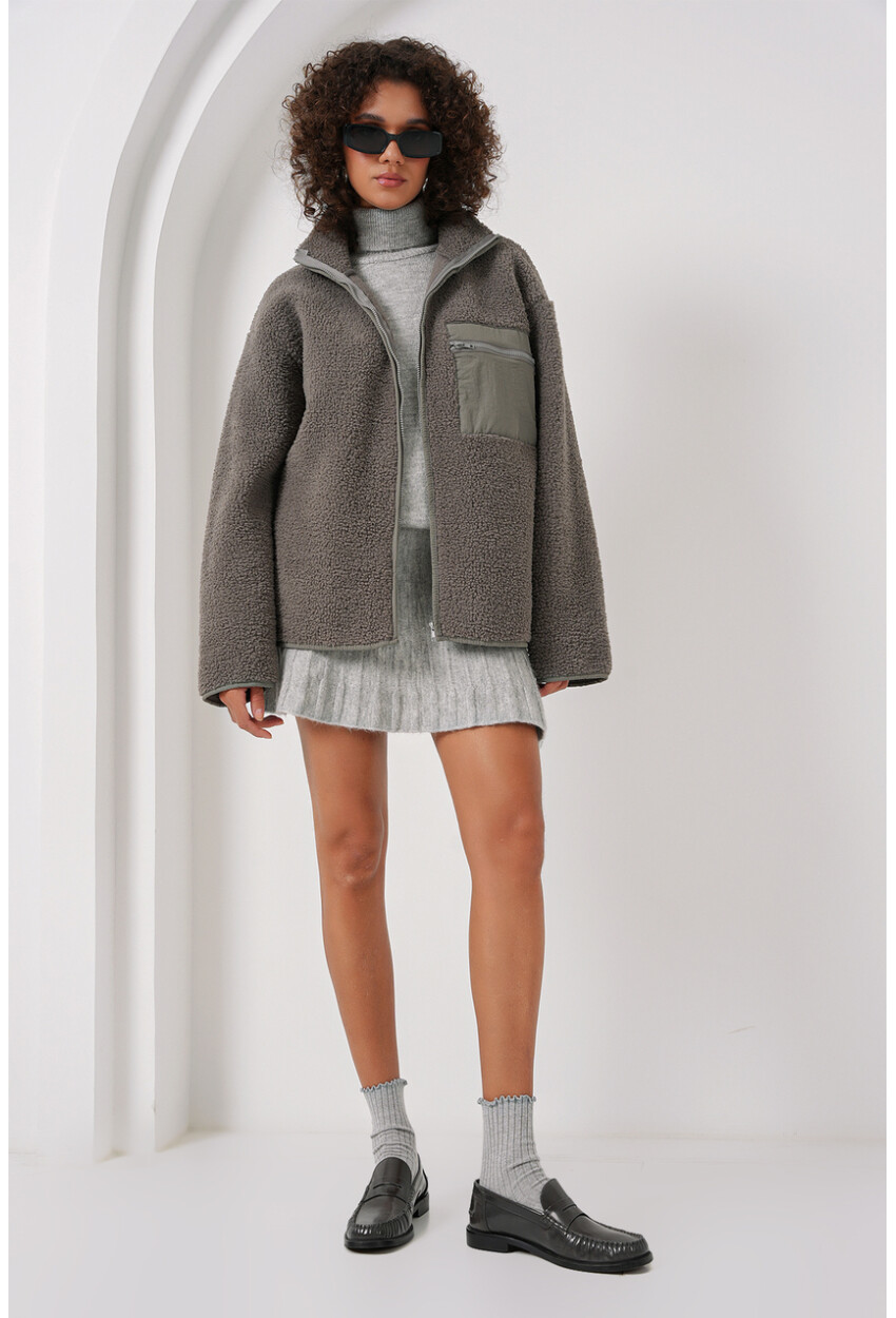 55446 Fermuarlı Oversize Peluş Ceket
