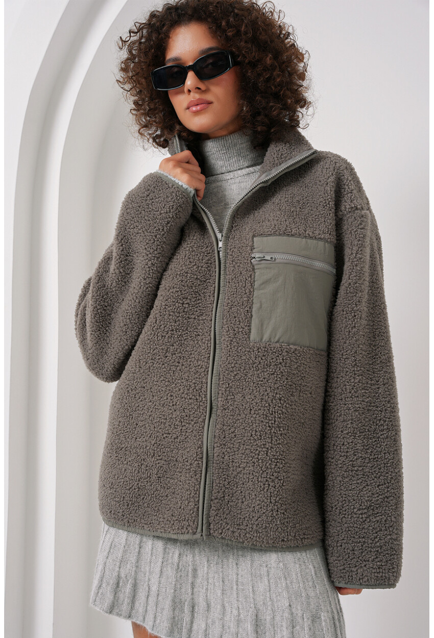 55446 Fermuarlı Oversize Peluş Ceket
