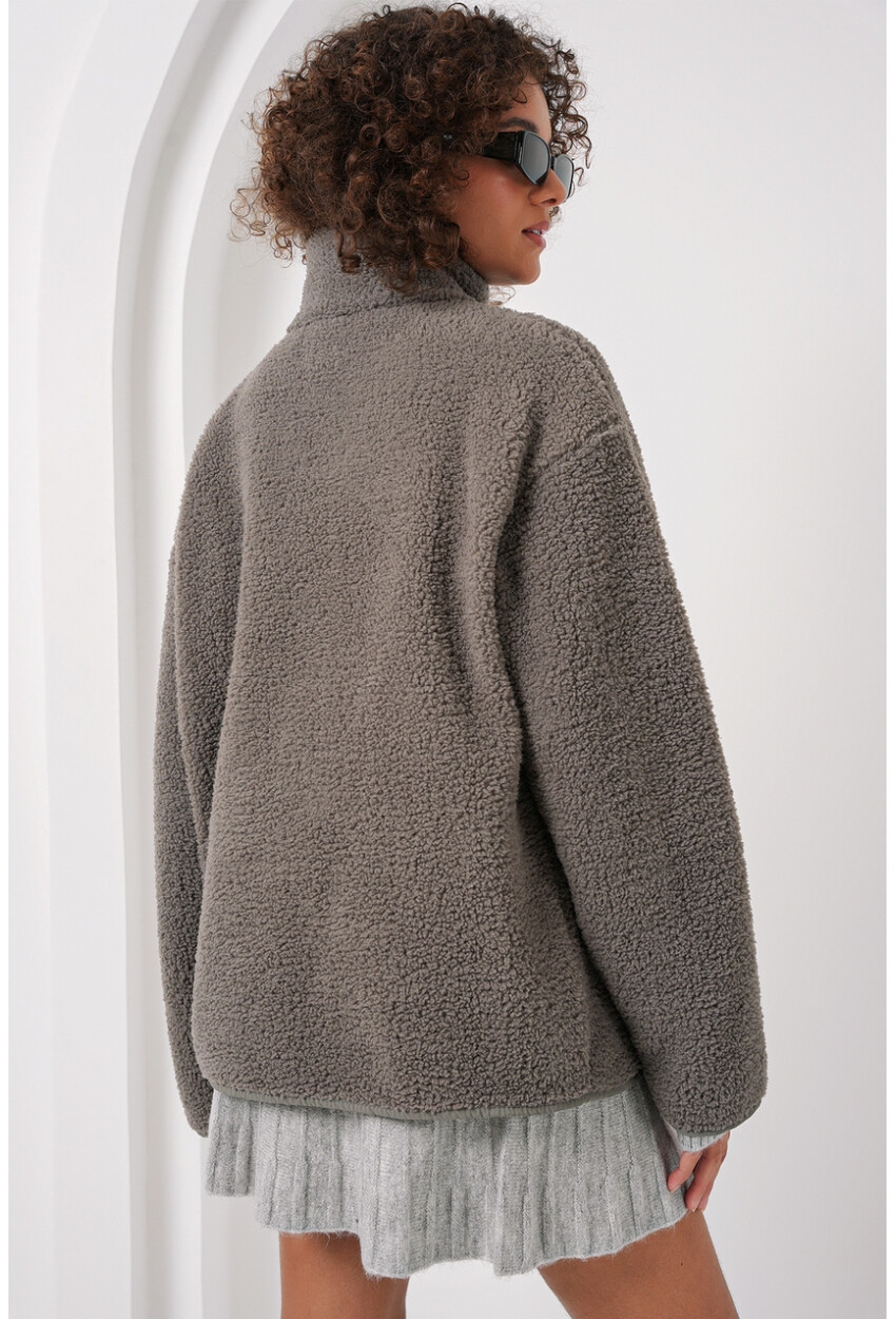 55446 Fermuarlı Oversize Peluş Ceket