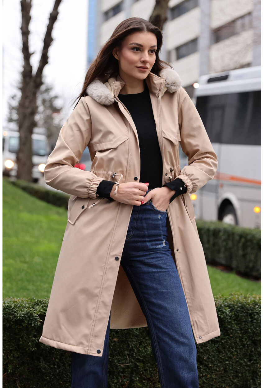 9135 Faux Fur Collar Fleece-Lined Long Coat