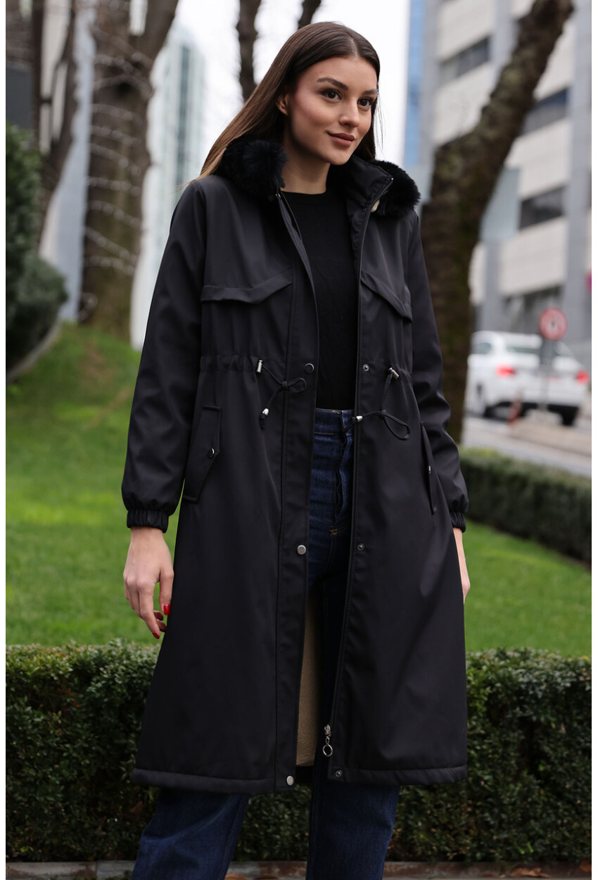 9135 Faux Fur Collar Fleece-Lined Long Coat
